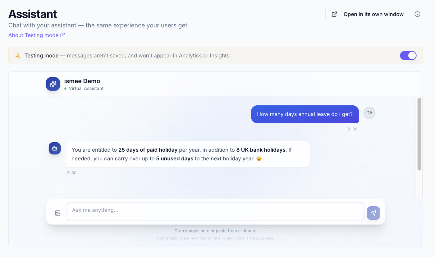 The Assistant screen with a question answered and the Testing mode toggle