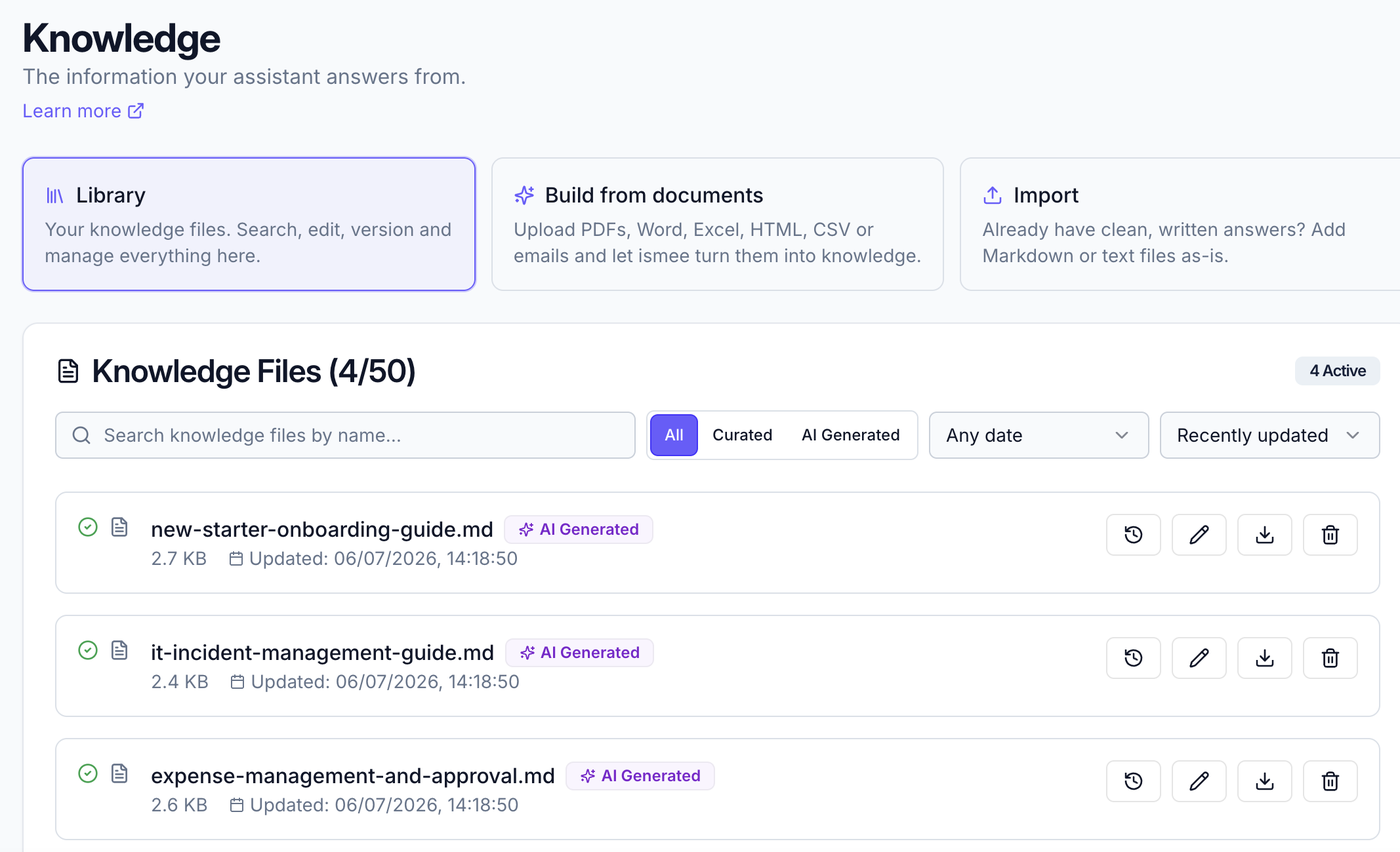 The Knowledge area showing Library, Build from documents and Import